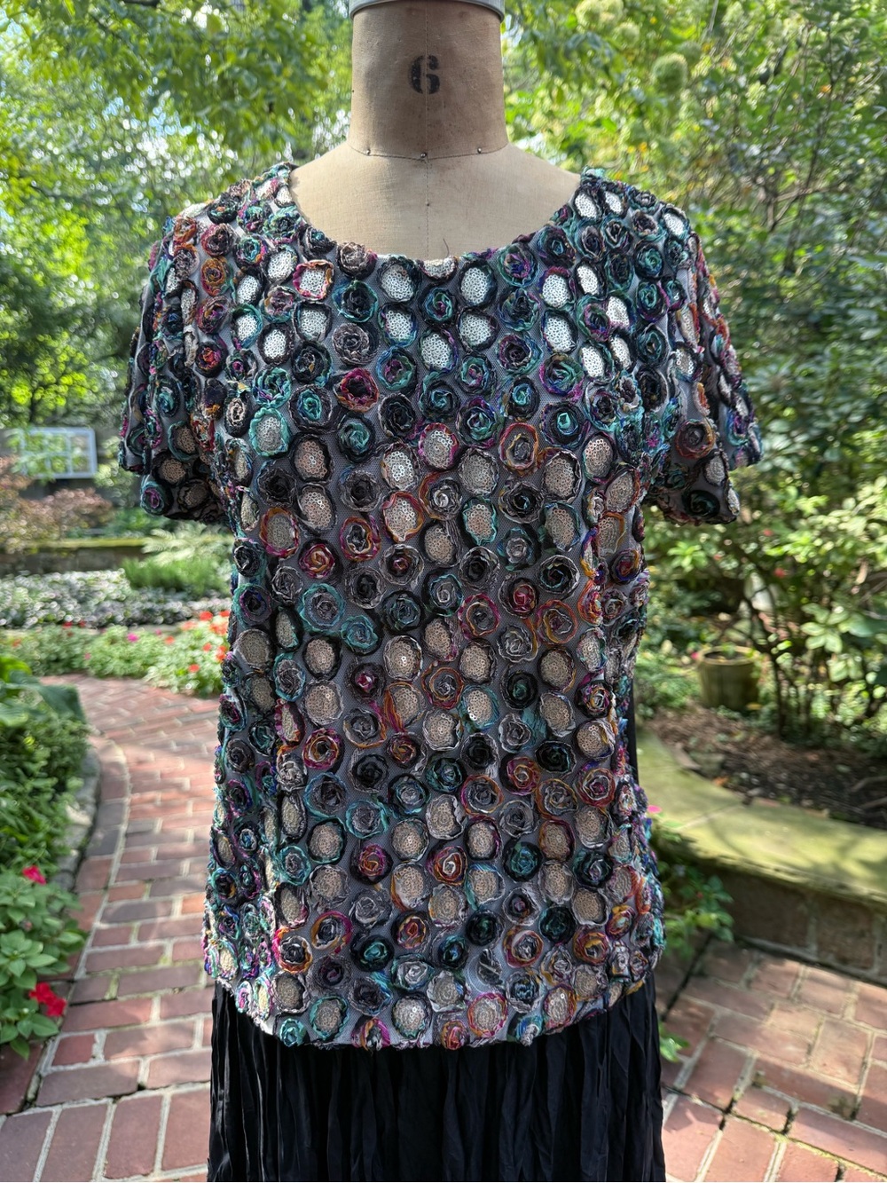 Multicolor Crochet and Sequin Medallion Short-Sleeve Top